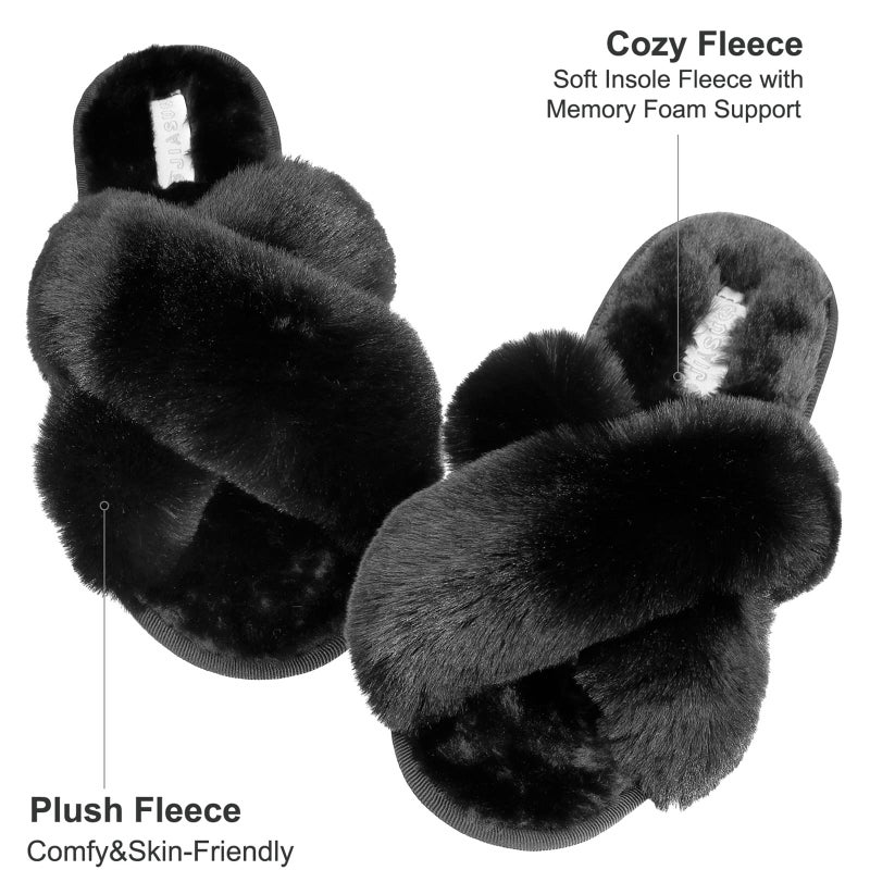 JIASUQI Cross Open Toe Fuzzy Fluffy House Slippers for Women Cozy Memory Foam Plush Criss Cross Furry Slides Slippers Black 8-9 - Image 2